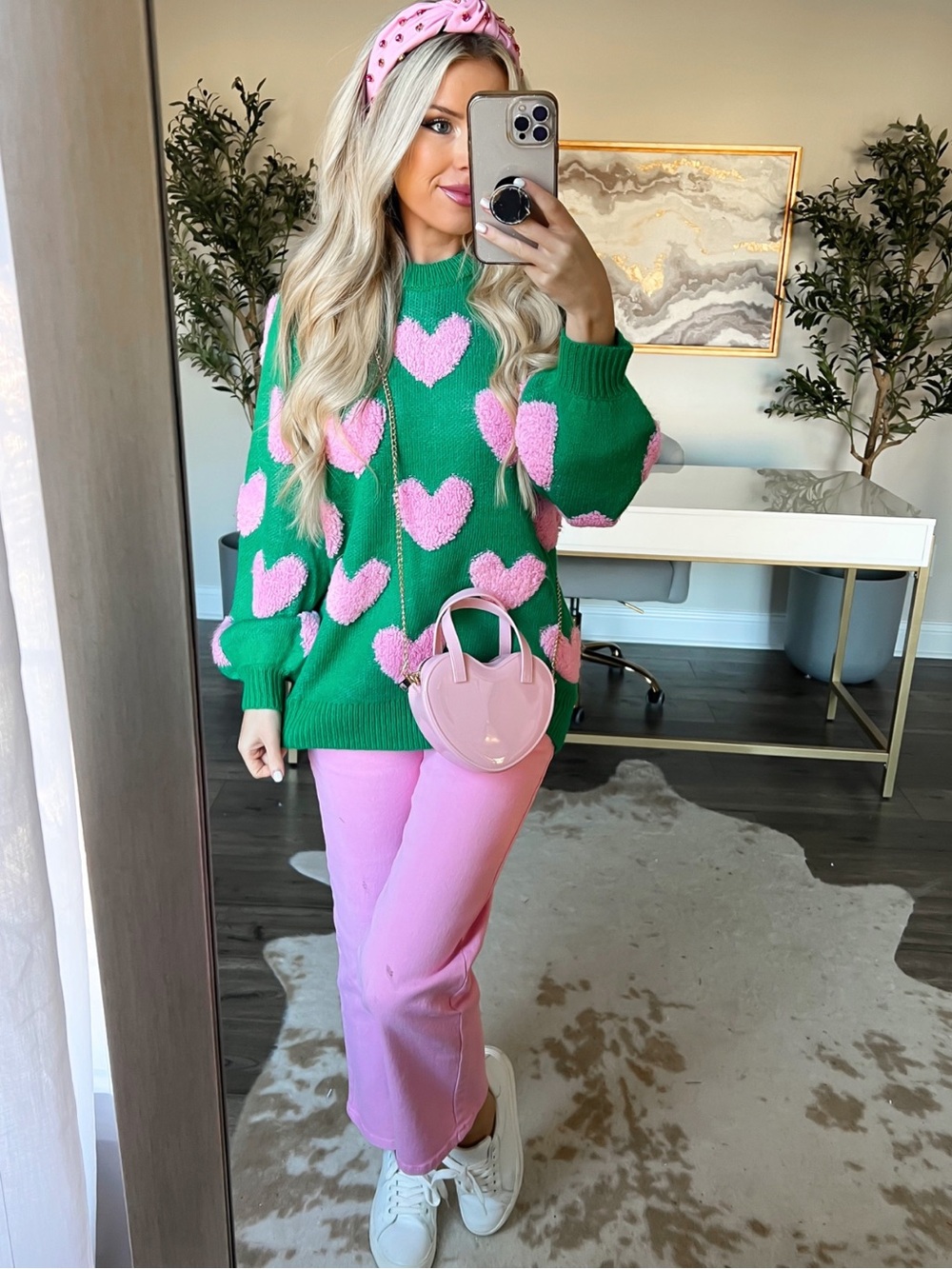 Pink Lily I'll Be There Green Fuzzy Heart Sweater